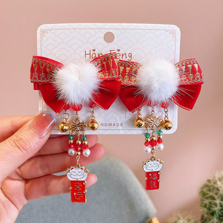 Chinese New Year CNY Red Baby kids Girl's Crystal Beads Head Clips Hair Accessories - quixoticmuses