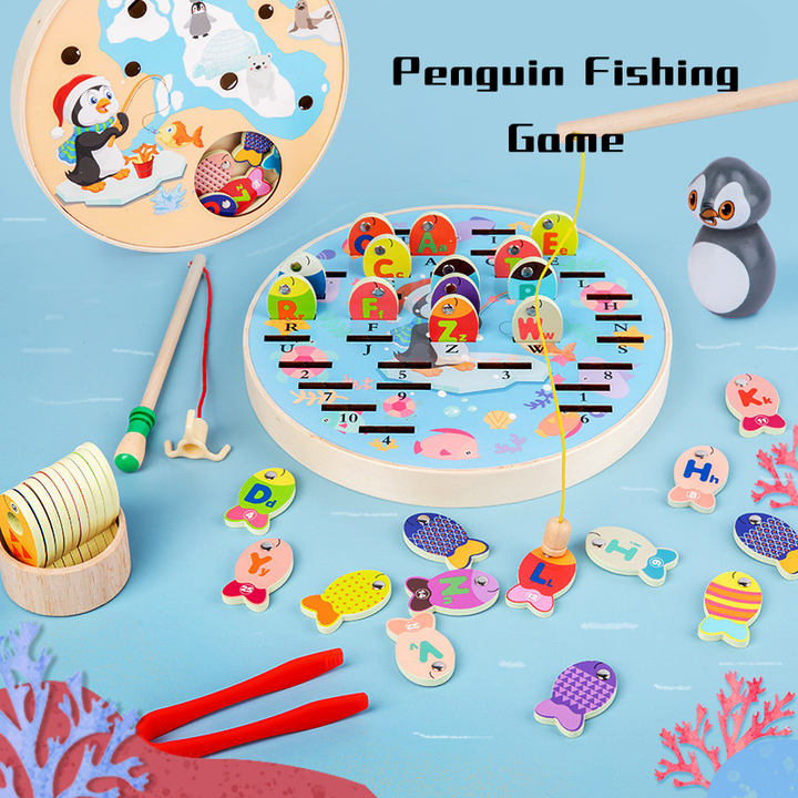 Fun Wooden Penguin Magnetic Fishing Game w Alphabets n Numbers 3 Years +