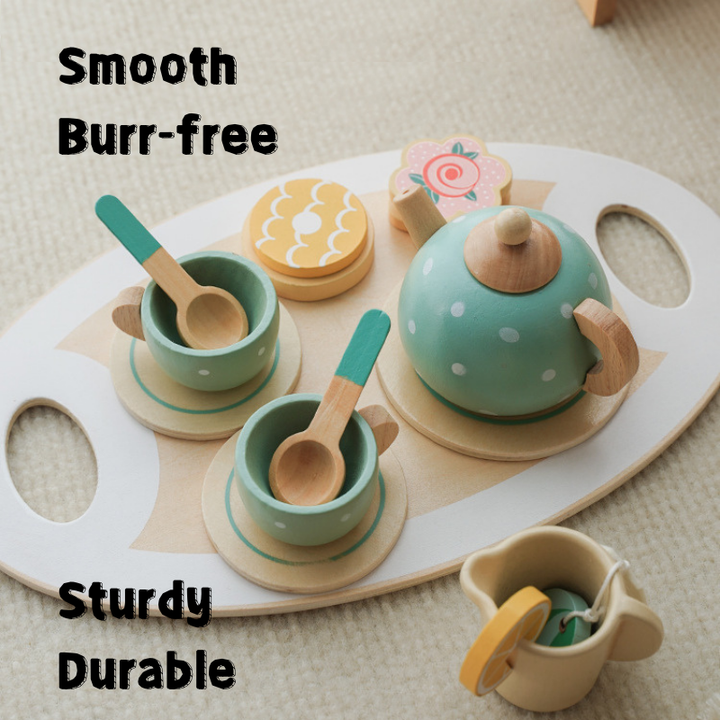 Wooden Tea Party Set Pretend Play Kitchen Accessories Montessori Wooden Toys for Toddler Girls 3 Years +