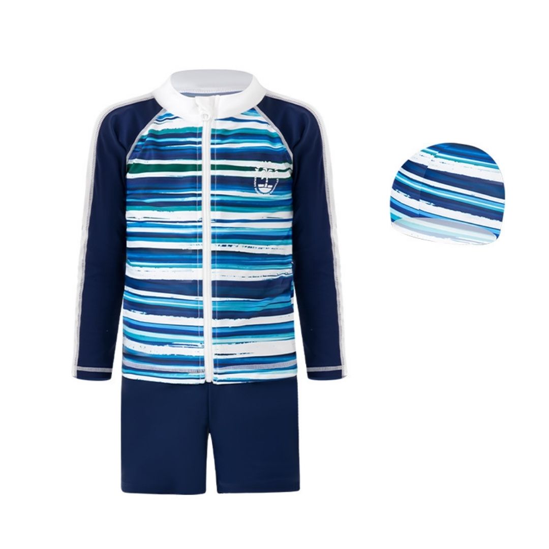 Baby Kids Boy Stripes Long Sleeve Top w Zipper n Shorts Swimming Suit Set 908414 - quixoticmuses