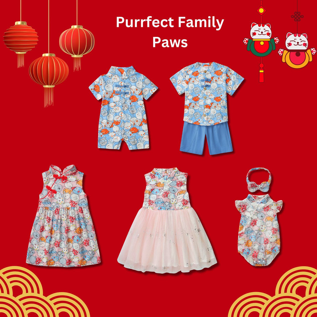 Purrfect Family Paws Baby Boy Blue Little Cats Cheongsam Romper Family Wear 0801 - quixoticmuses