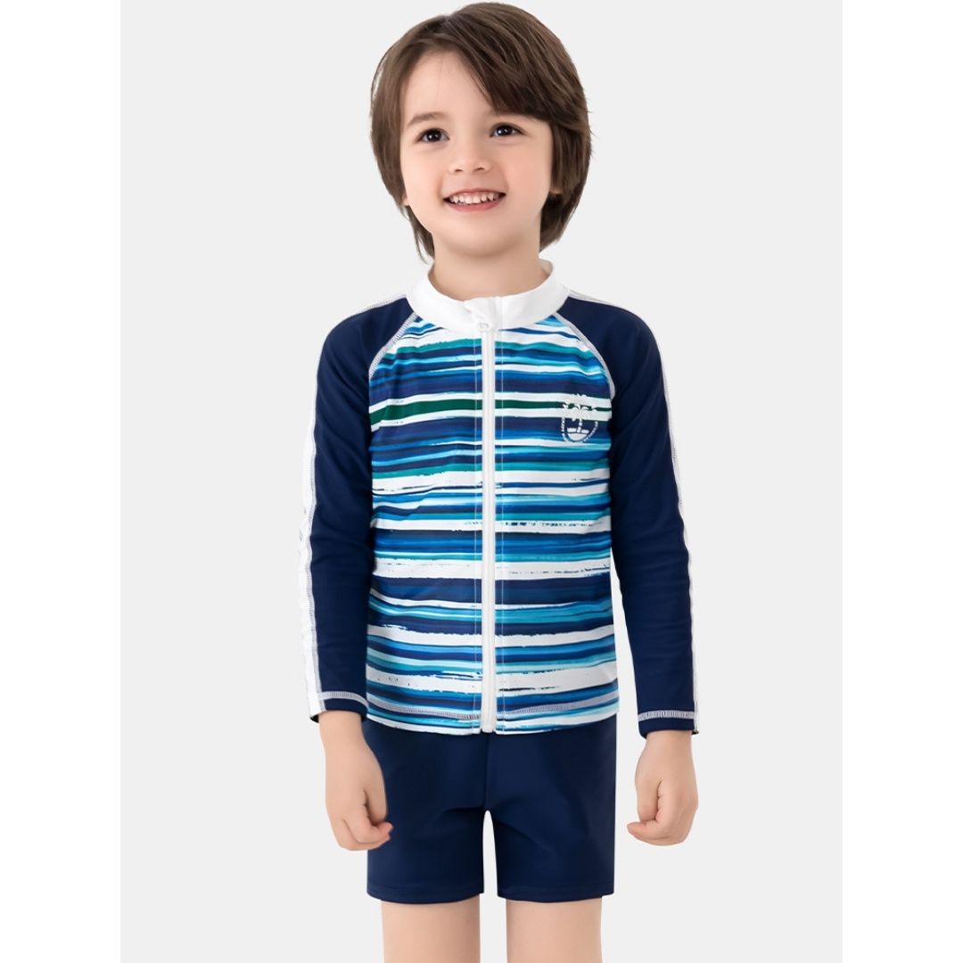 Baby Kids Boy Stripes Long Sleeve Top w Zipper n Shorts Swimming Suit Set 908414 - quixoticmuses