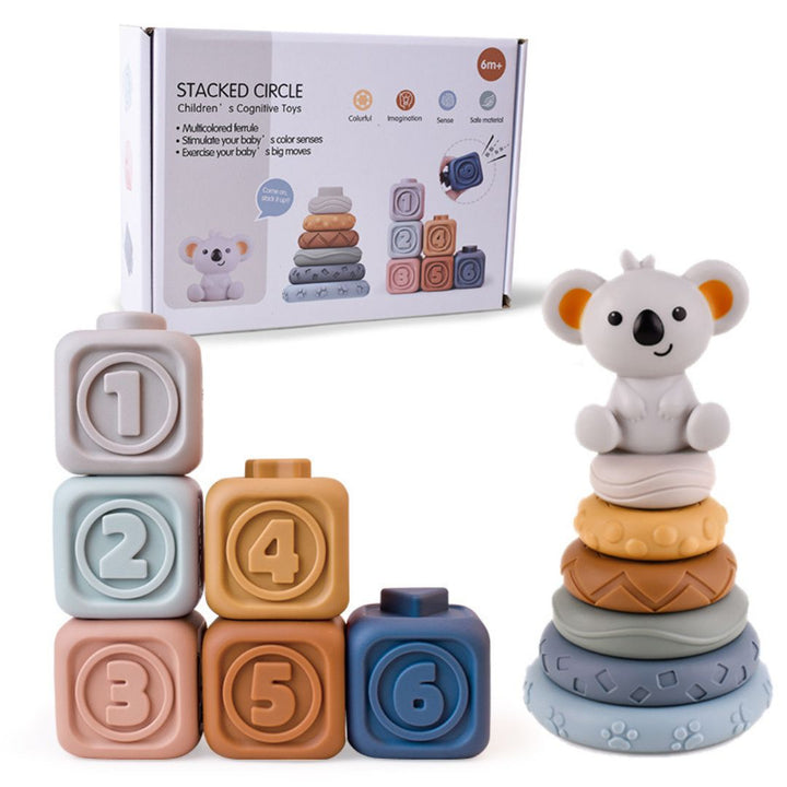 Koala 2-in-1 Stacks of Circles n Blocks Soft Building Blocks Stacking Hand Rattles Baby Toy 6m+ - quixoticmuses