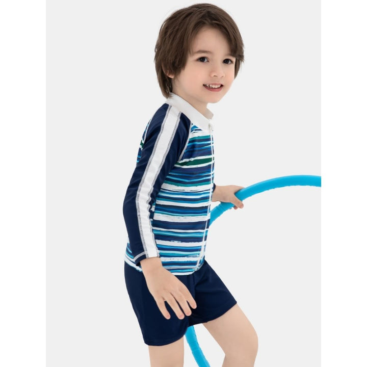 Baby Kids Boy Stripes Long Sleeve Top w Zipper n Shorts Swimming Suit Set 908414 - quixoticmuses