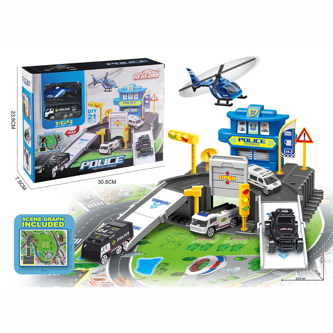 Kids Die Cast Cars Set 21 pcs Alloy Police Parking Lot Set 1 Alloy Plane & 1 Alloy Car - quixoticmuses