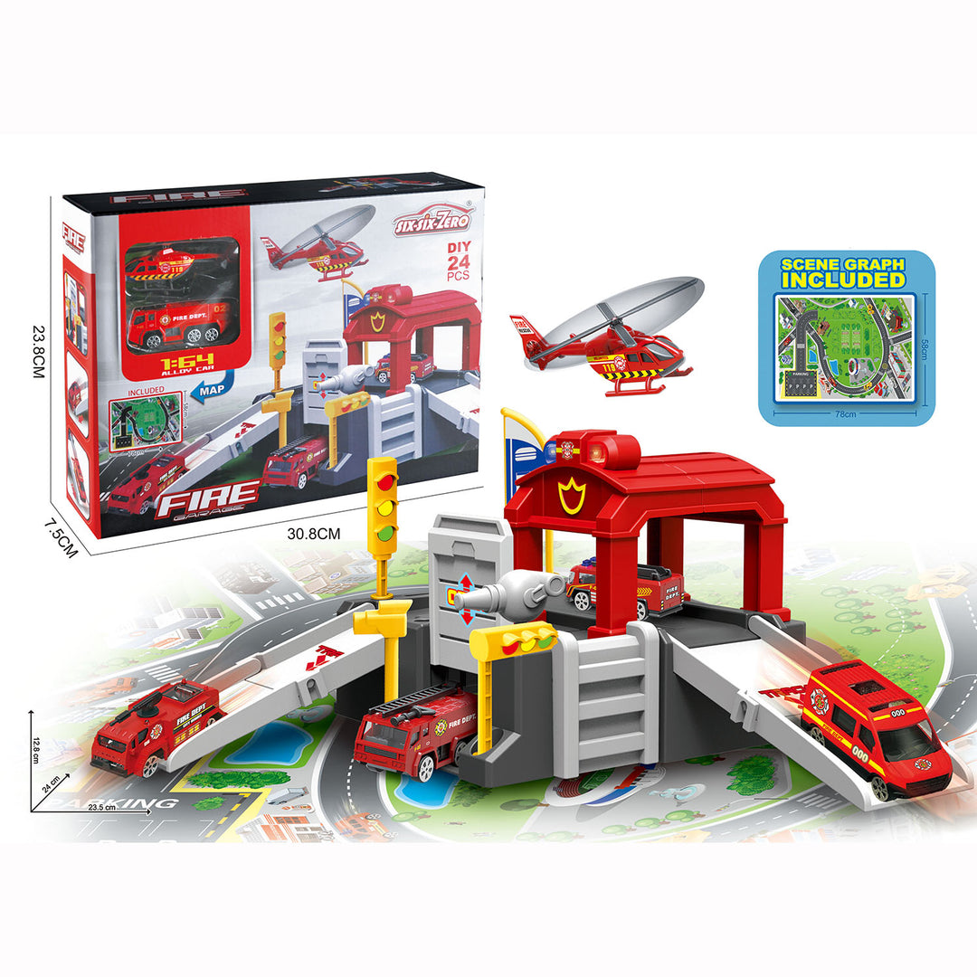 Kids Die Cast Cars Set 24 pcs Alloy Fire Parking Lot Set 1 Alloy Plane & 1 Alloy Car - quixoticmuses