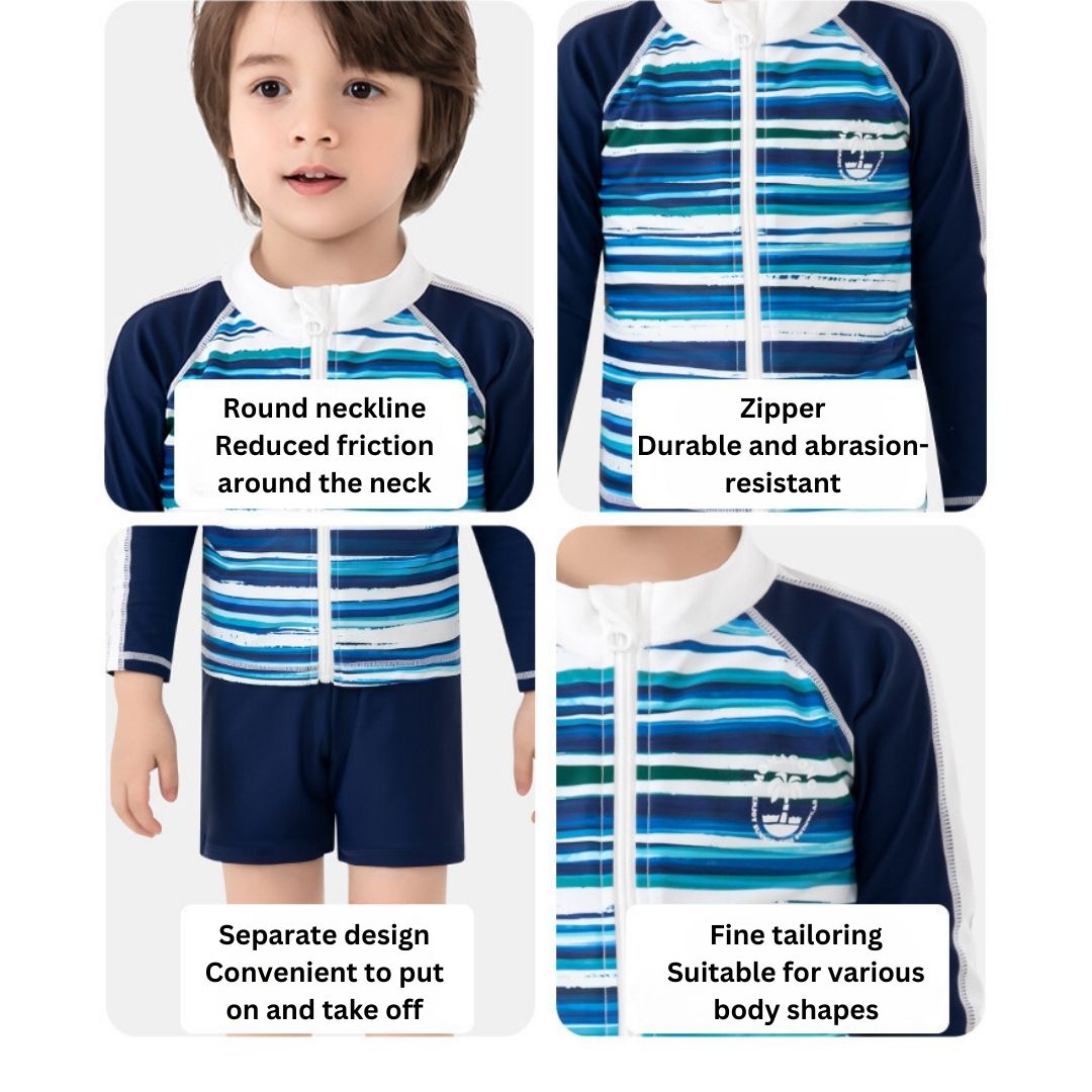 Baby Kids Boy Stripes Long Sleeve Top w Zipper n Shorts Swimming Suit Set 908414 - quixoticmuses