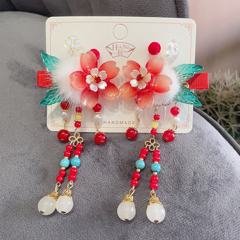 Chinese New Year CNY Red Baby kids Girl's Crystal Beads Head Clips Hair Accessories - quixoticmuses