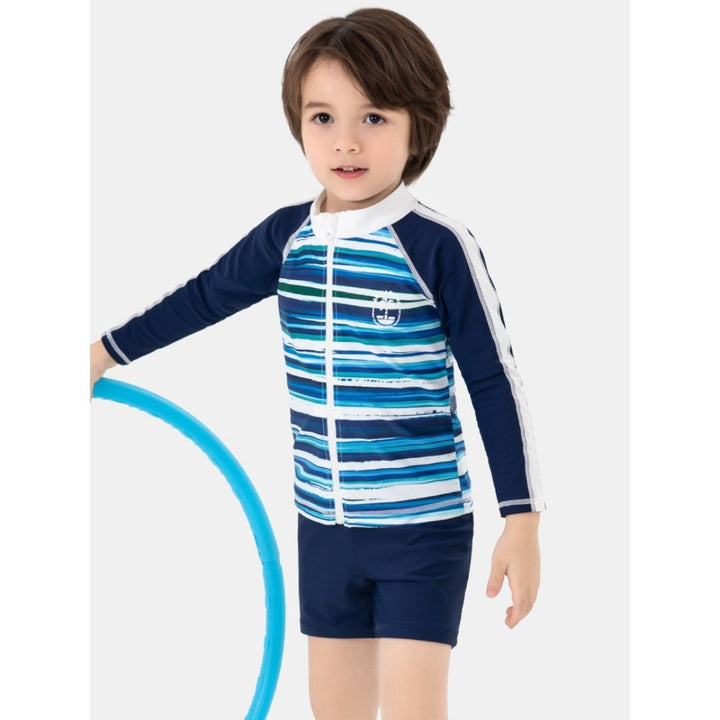 Baby Kids Boy Stripes Long Sleeve Top w Zipper n Shorts Swimming Suit Set 908414 - quixoticmuses