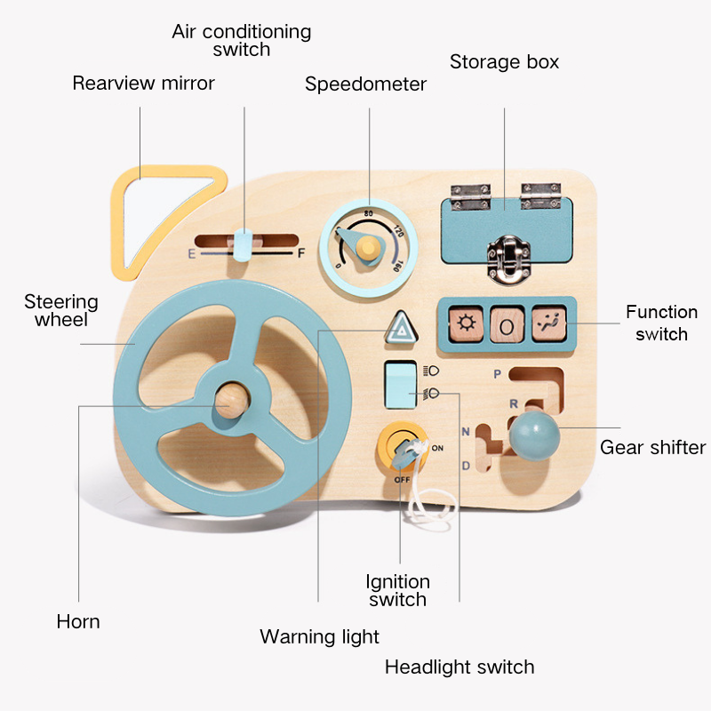 Montessori Wooden Toys Baby Steering Wheel Driving Toy w Mirror 3 Years +