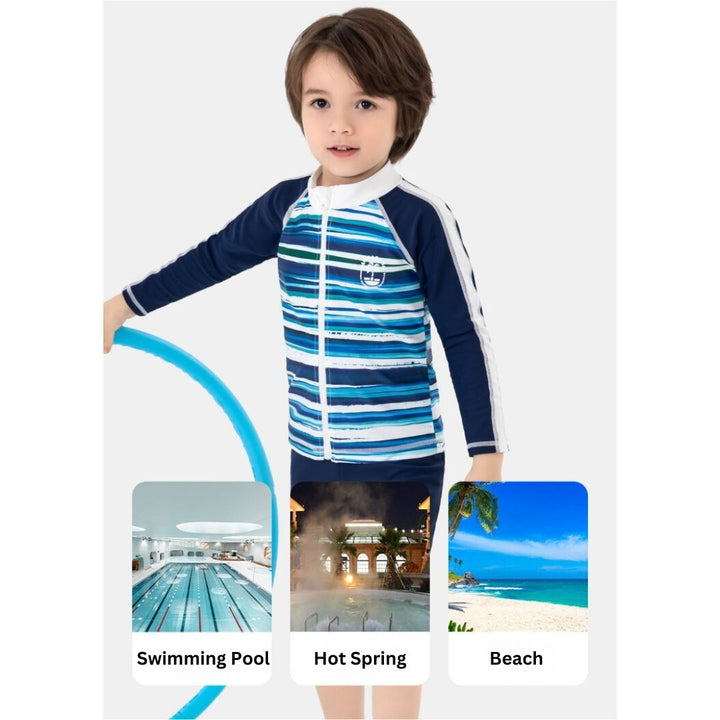 Baby Kids Boy Stripes Long Sleeve Top w Zipper n Shorts Swimming Suit Set 908414 - quixoticmuses