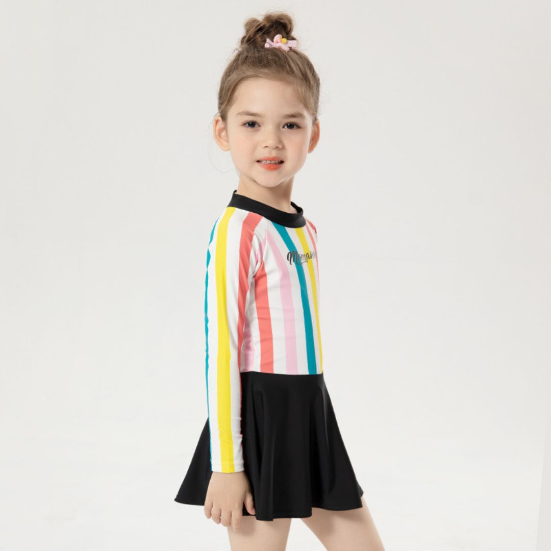 Baby Kids Girl Long Sleeve Stripes Skirt Swimming Suit w Zipper 907164 - quixoticmuses