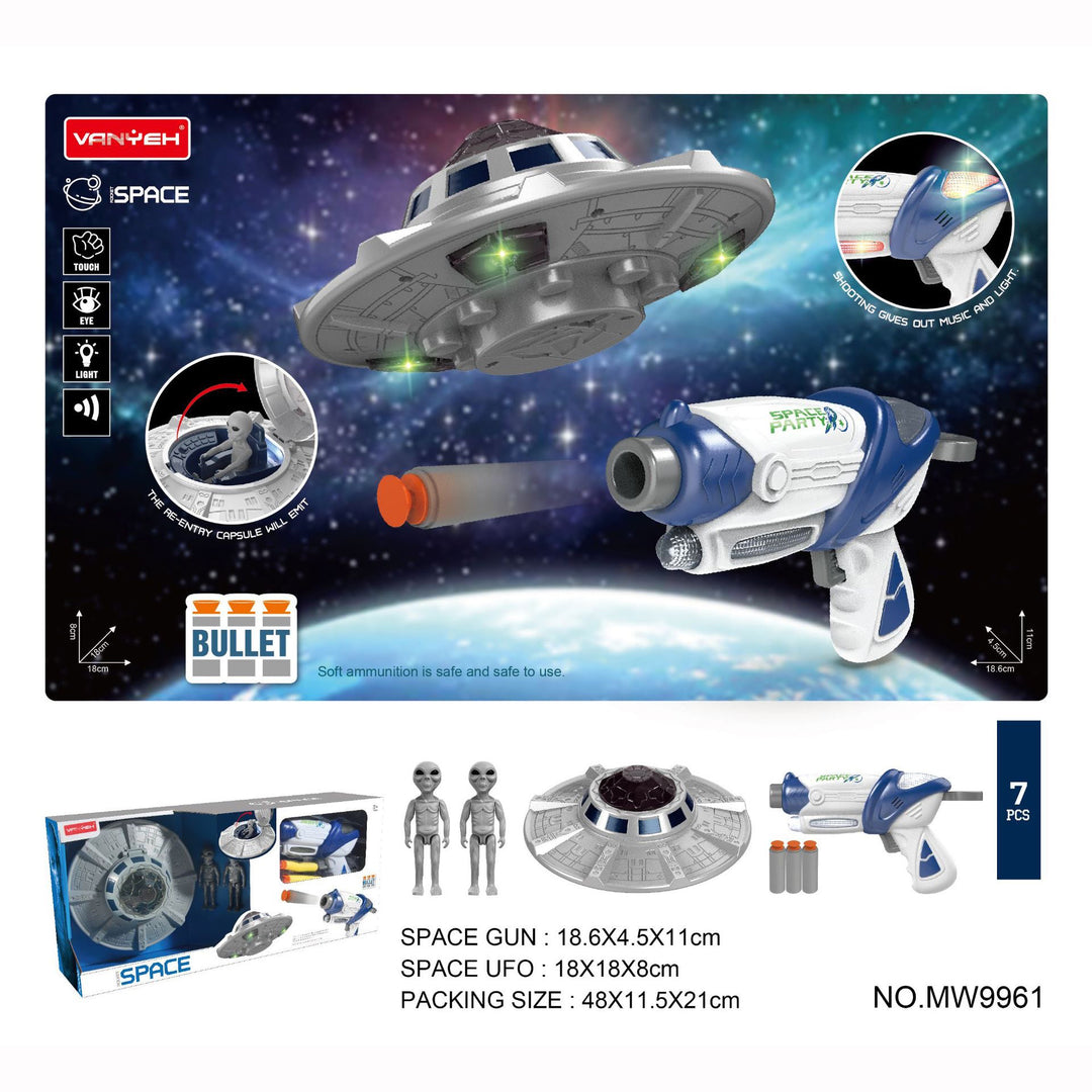 Kids Space Soft Bullet Gun Flying Gyro Gun UFO Return Capsule Light Effects - quixoticmuses