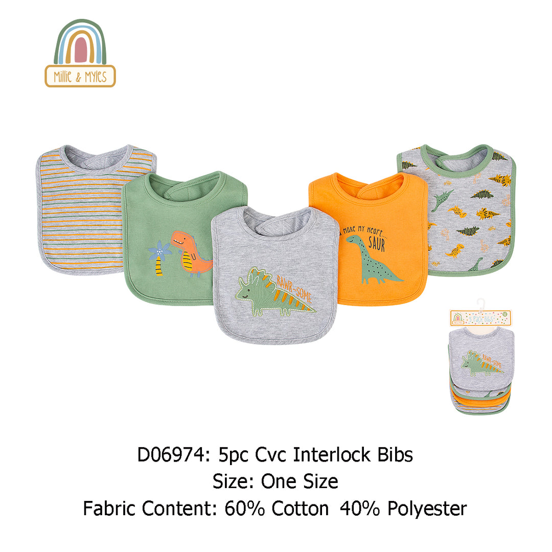 Baby 5pc Interlock Bibs Green Dinosaur D06974 - quixoticmuses