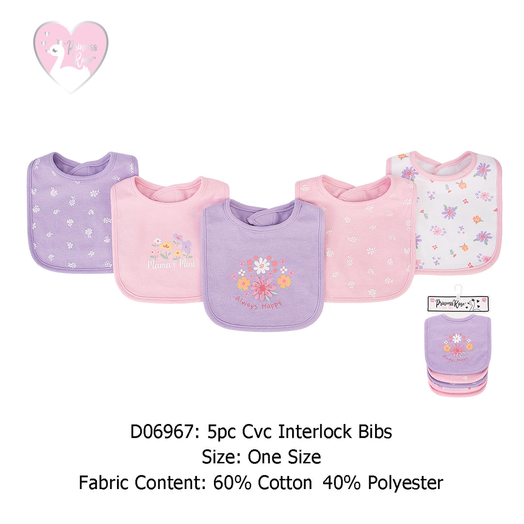 Baby 5pc Interlock Bibs Pink Purple Flowers D06967 - quixoticmuses