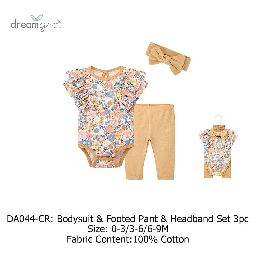 Baby Girl 3 Piece Bodysuit Pants Headband Set DA044-CR - quixoticmuses