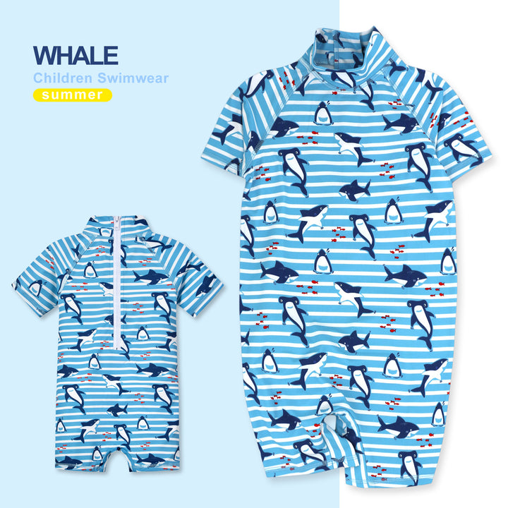 Baby Kids Boy's Zip Printed Whales One Piece Swimming Suit - quixoticmuses