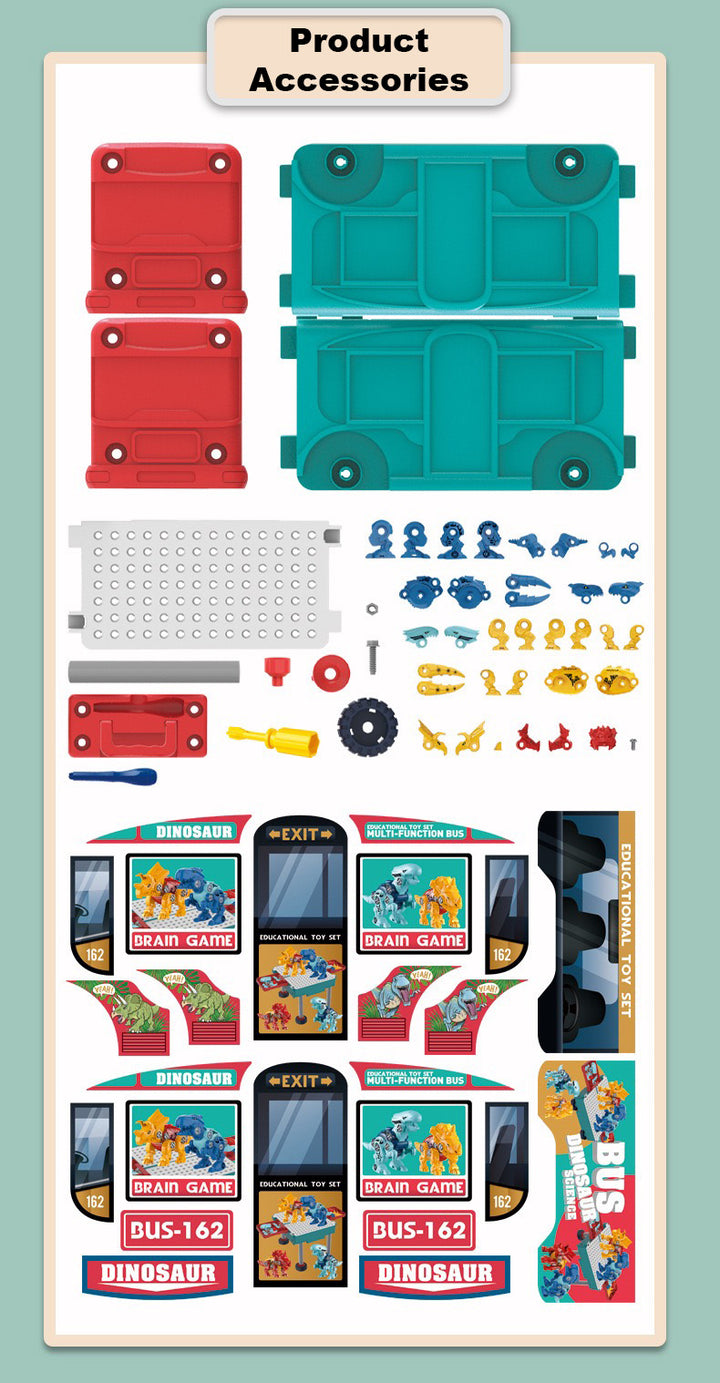 Kids 162 Piece Multifunctional Bus & Dinosaur Set with Drill Toy Kids Drill Sets Preschool & Toddler STEM Toy - quixoticmuses