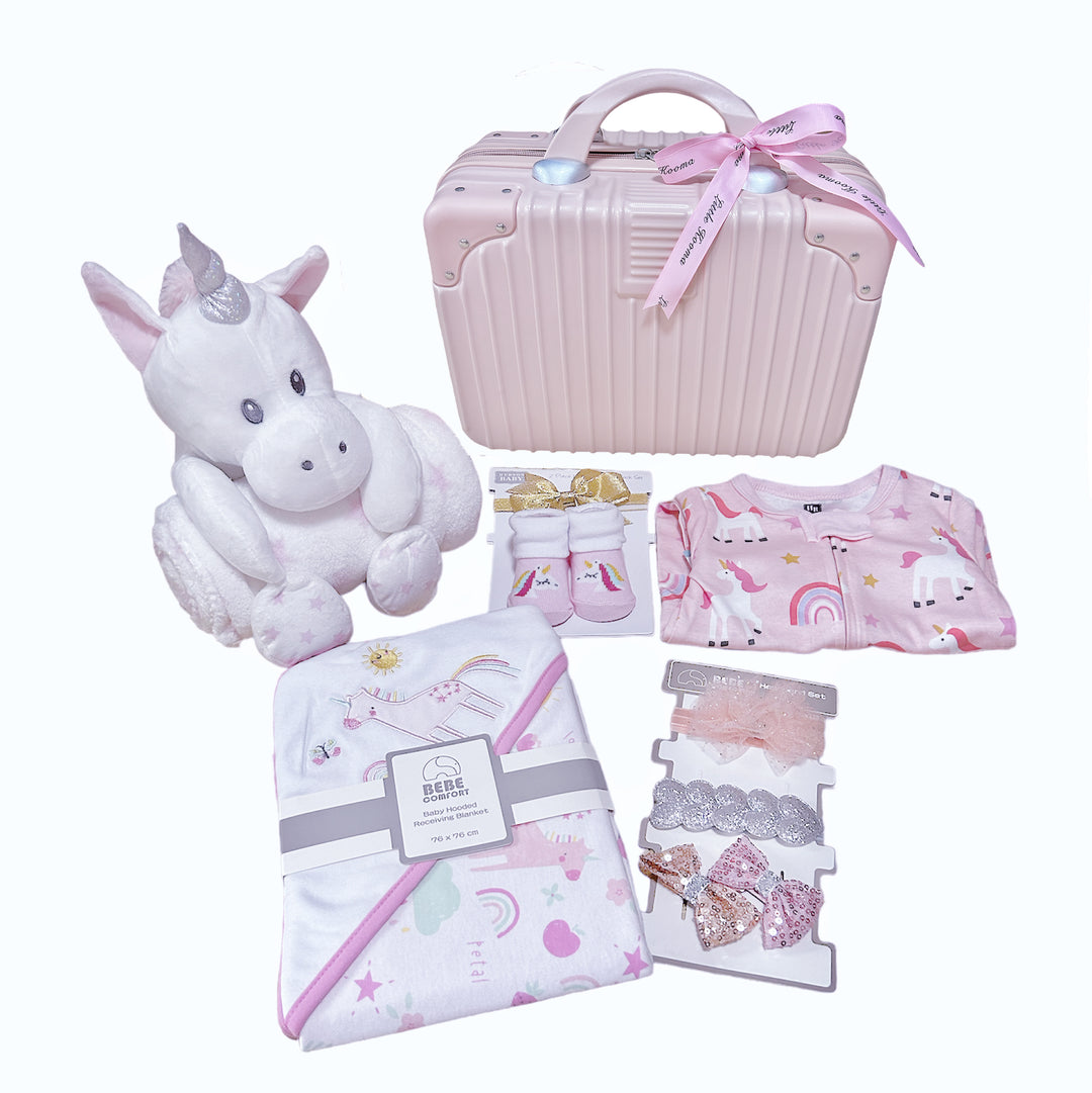 New Born Baby Girl LED Light Hair Accessories Layette Receiving Blanket Sleepsuit Unicorn Luggage Gift Hamper - quixoticmuses