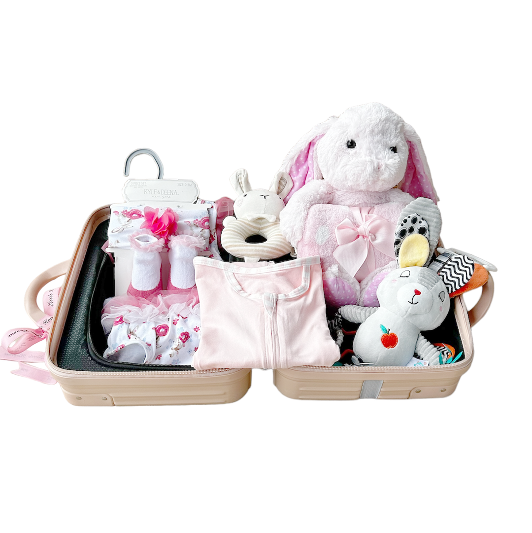 New Born Baby Girl LED Light Layette Hand Rattle Swaddle Pink Bunny Plushie Blanket Hanging Chime Stroller Toy Suitcase Mummy Makeup Gift Hamper