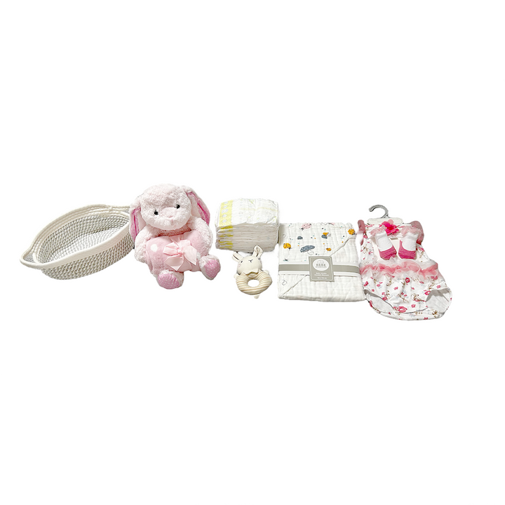 New Born Baby Girl LED Light Diaper Layette Toy Receiving Blanket Bodysuit Bunny Gift Hamper - quixoticmuses