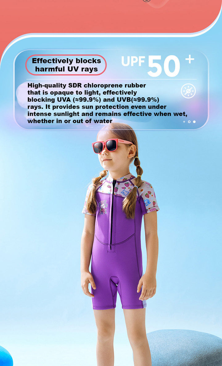 Baby Kids Girl's 2.5MM Comfortable UV Protection Quick-drying Flexible Durable Thermal Short Sleeves Purple Strawberry Rabbit One Piece Swimwear Swimming Suit - quixoticmuses