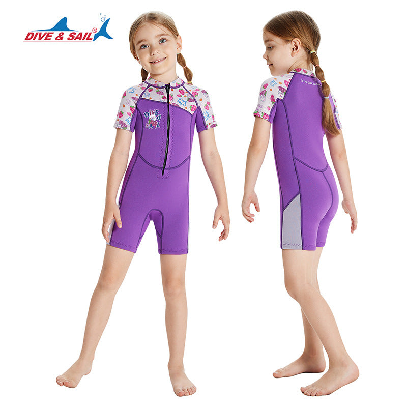 Baby Kids Girl's 2.5MM Comfortable UV Protection Quick-drying Flexible Durable Thermal Short Sleeves Purple Strawberry Rabbit One Piece Swimwear Swimming Suit - quixoticmuses