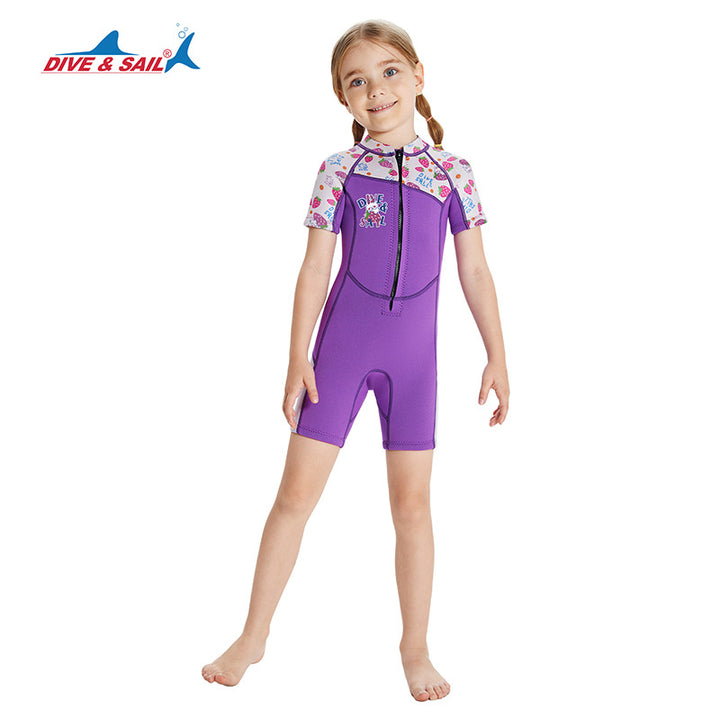 Baby Kids Girl's 2.5MM Comfortable UV Protection Quick-drying Flexible Durable Thermal Short Sleeves Purple Strawberry Rabbit One Piece Swimwear Swimming Suit - quixoticmuses