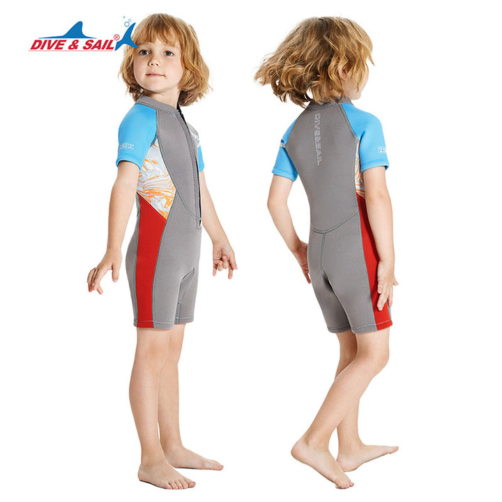 Baby Kids Boy's 2.5MM Comfortable UV Protection Quick-drying Flexible Durable Thermal Short Sleeves Grey One Piece Swimwear Swimming Suit - quixoticmuses