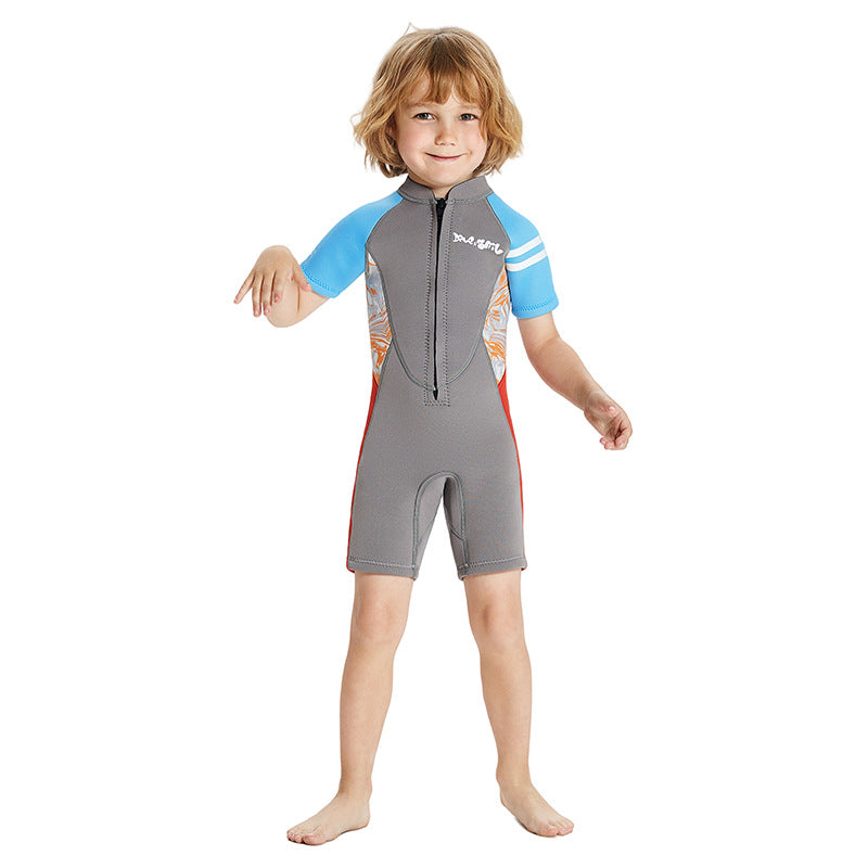 Baby Kids Boy's 2.5MM Comfortable UV Protection Quick-drying Flexible Durable Thermal Short Sleeves Grey One Piece Swimwear Swimming Suit - quixoticmuses