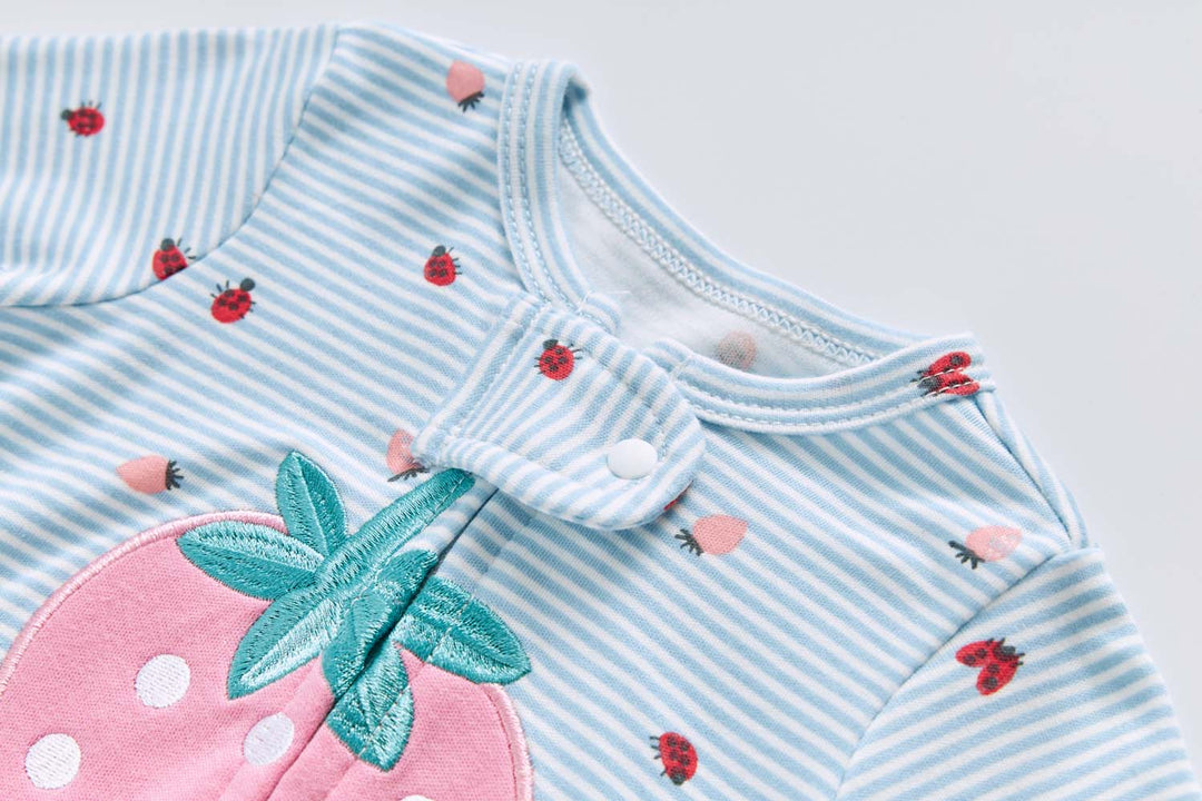 Baby Cotton Sleepsuit Blue Stripes Strawberry Two Way Zipper All In One Jumpsuit Feet Cover