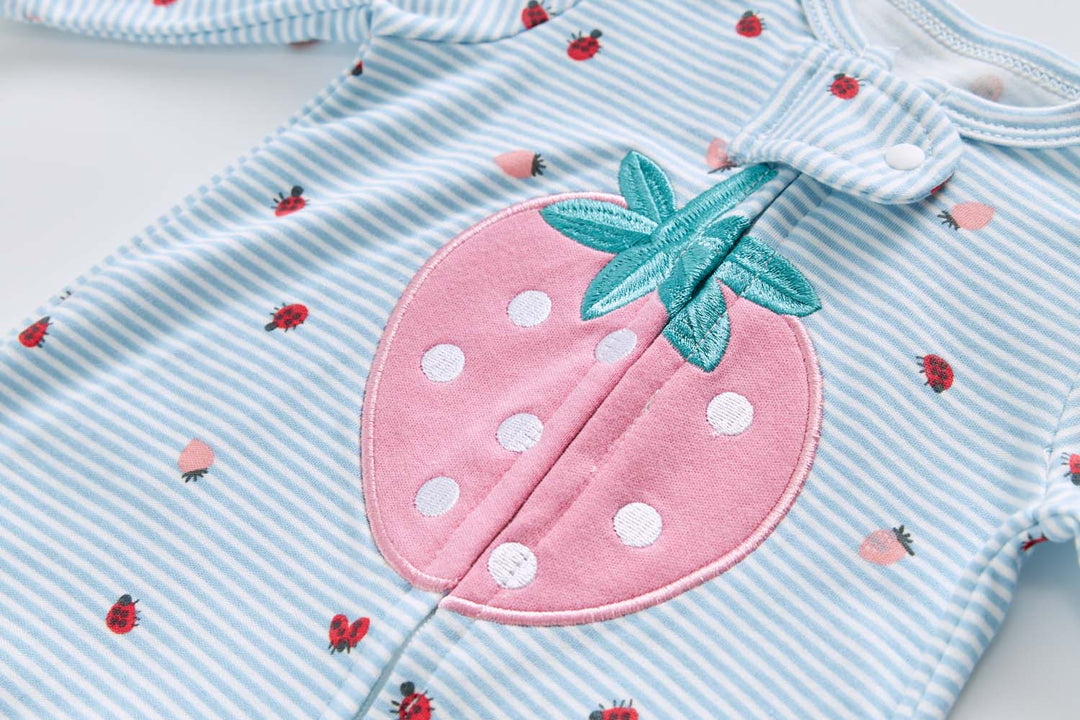 Baby Cotton Sleepsuit Blue Stripes Strawberry Two Way Zipper All In One Jumpsuit Feet Cover