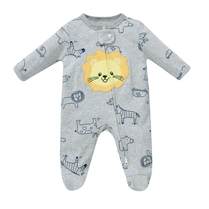 Baby Boy Cotton Sleepsuit Grey Animal Lion Two Way Zipper All In One Jumpsuit