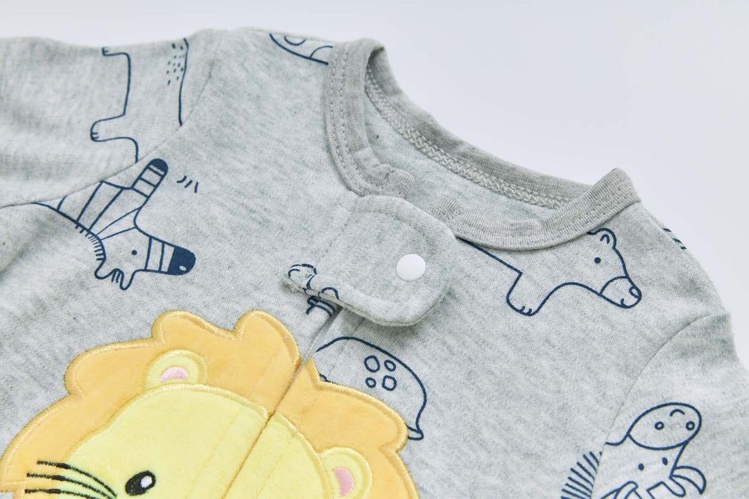 Baby Boy Cotton Sleepsuit Grey Animal Lion Two Way Zipper All In One Jumpsuit