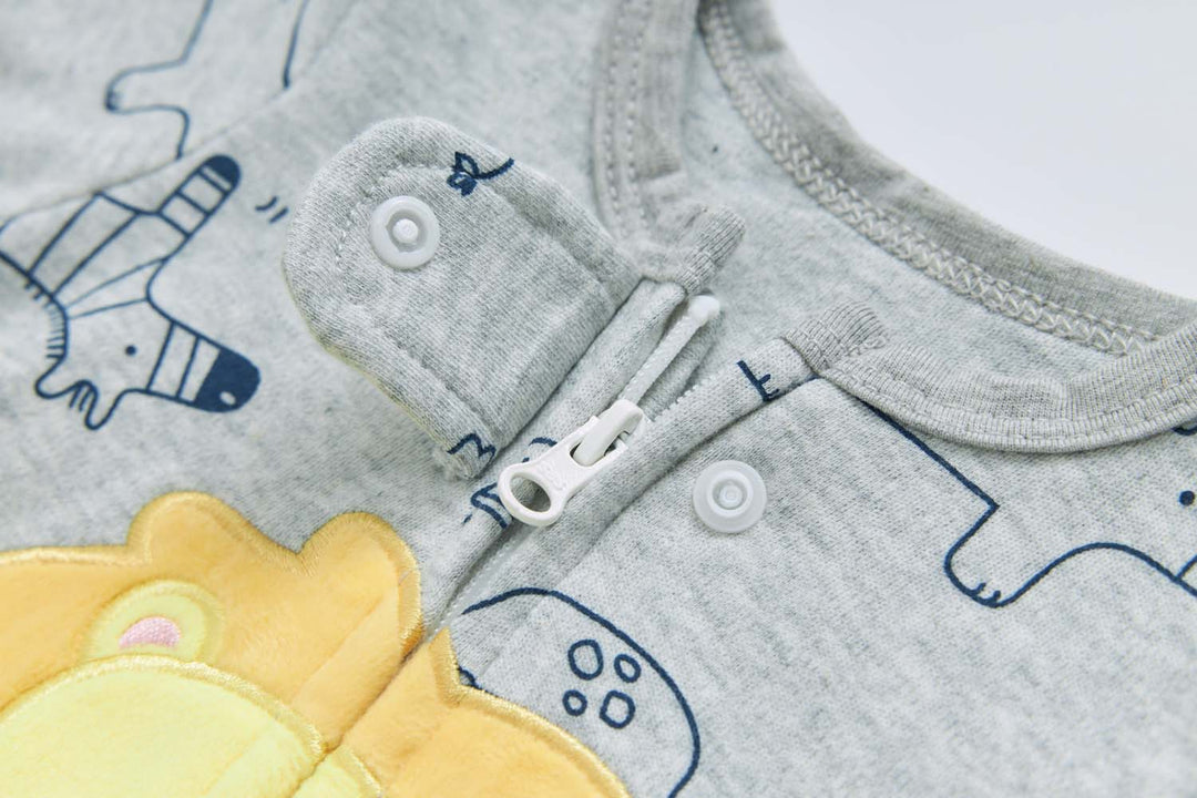 Baby Boy Cotton Sleepsuit Grey Animal Lion Two Way Zipper All In One Jumpsuit