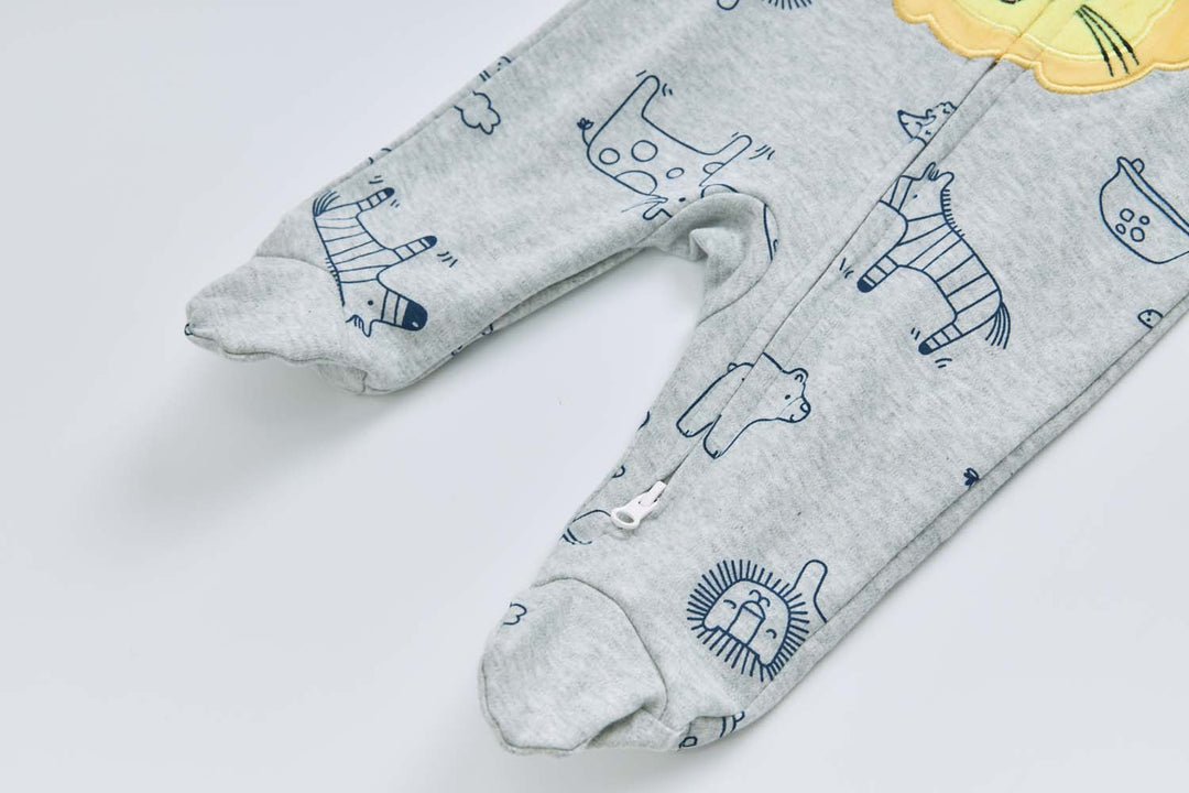 Baby Boy Cotton Sleepsuit Grey Animal Lion Two Way Zipper All In One Jumpsuit