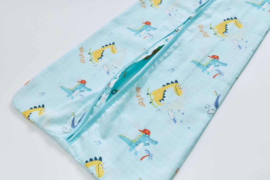 Baby Wearable Muslin Blanket Sleeveless Sleeping Bag 3-Way Zipper Blue Dinosaur 0.2 TOG