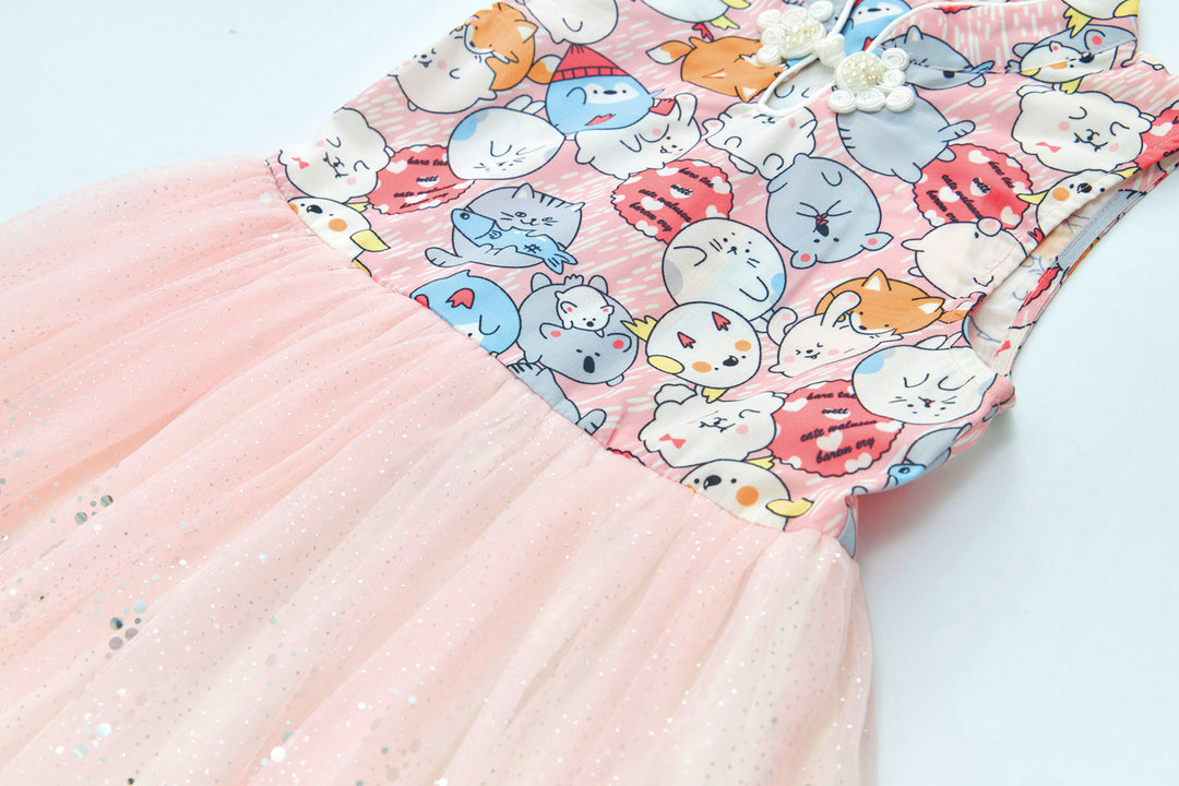 Purrfect Family Paws Baby Kids Girl Sleeveless Pink Cats Voile Cheongsam Dress Family Wear 0814 - quixoticmuses