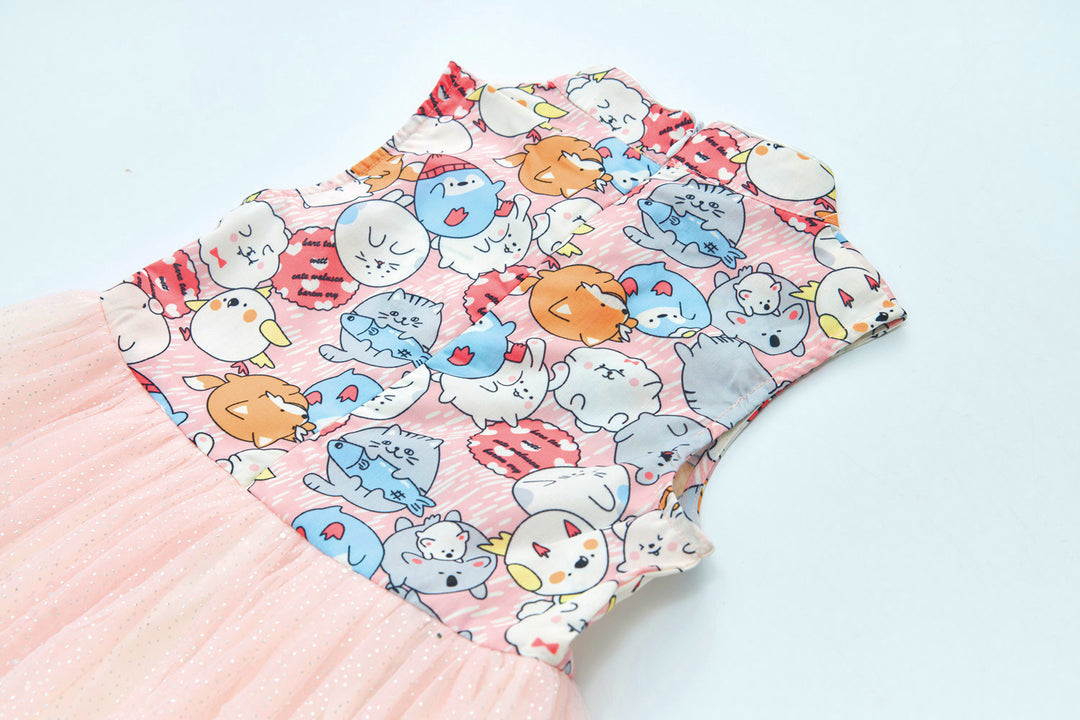 Purrfect Family Paws Baby Kids Girl Sleeveless Pink Cats Voile Cheongsam Dress Family Wear 0814 - quixoticmuses