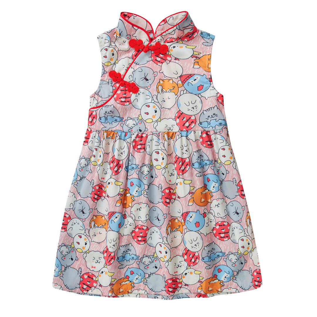 Purrfect Family Paws Baby Kids Girl Sleeveless Pink Cats Cheongsam Dress Family Wear 0826 - quixoticmuses