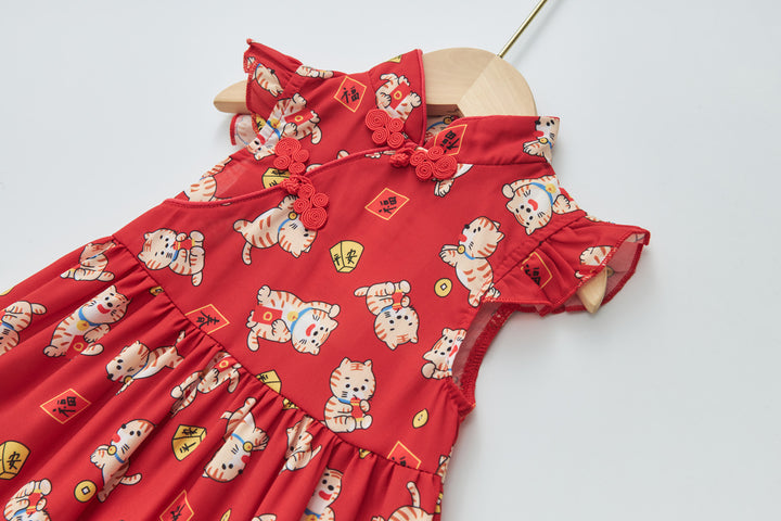 Baby Girl Red Lucky Cat Cheongsam Dress 0817X - quixoticmuses