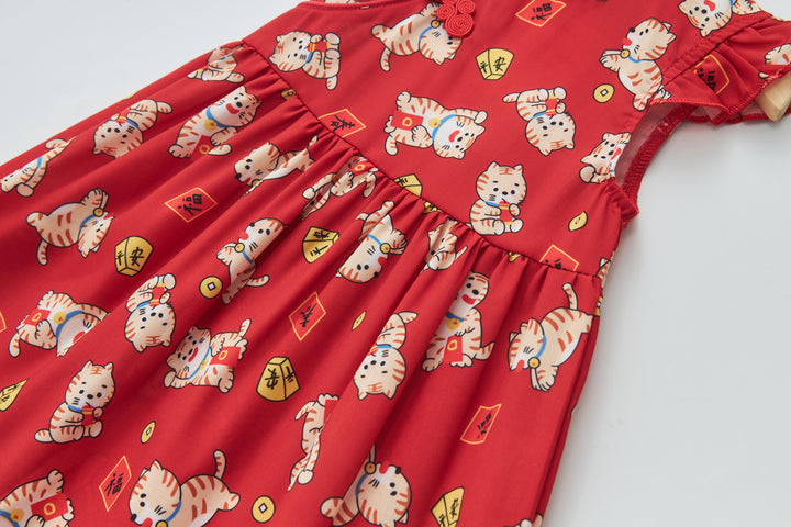 Baby Girl Red Lucky Cat Cheongsam Dress 0817X - quixoticmuses