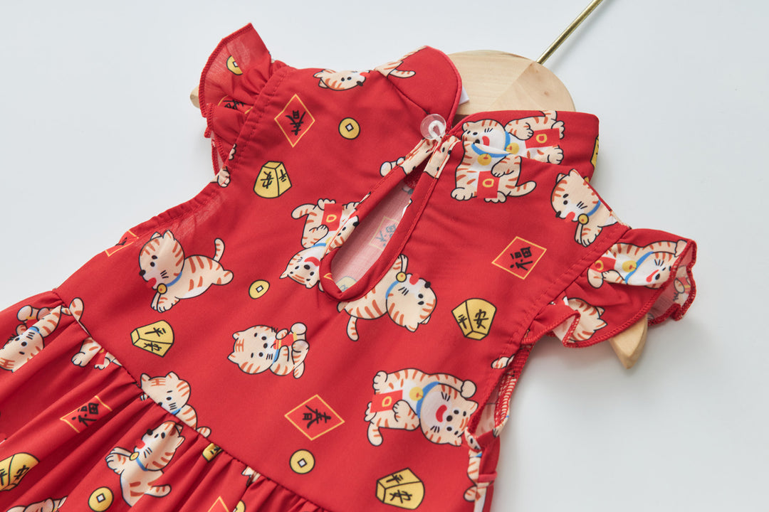 Baby Girl Red Lucky Cat Cheongsam Dress 0817X - quixoticmuses