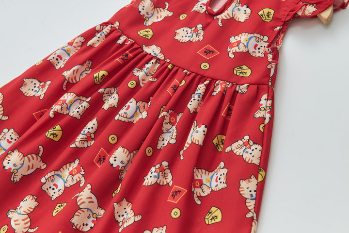 Baby Girl Red Lucky Cat Cheongsam Dress 0817X - quixoticmuses