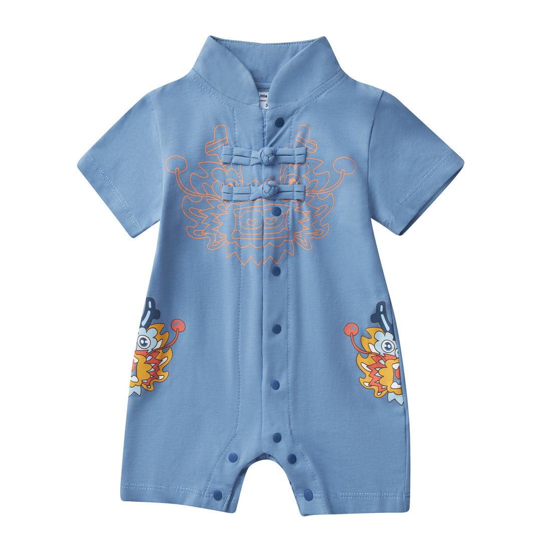 Baby Boy Blue Cheongsam Romper w Dragon Print H0801B - quixoticmuses