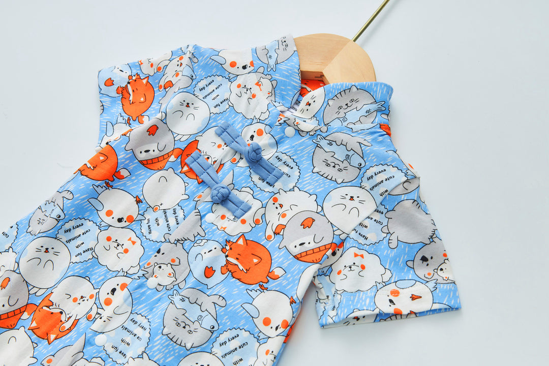 Purrfect Family Paws Baby Boy Blue Little Cats Cheongsam Romper Family Wear 0801 - quixoticmuses