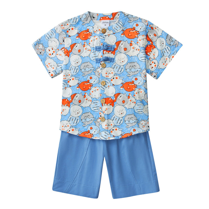 Purrfect Family Paws Baby Kids Boys Blue Cats Cheongsam Set Top n Shorts CNY Chinese New Year Outfit Family Wear 0818 - quixoticmuses