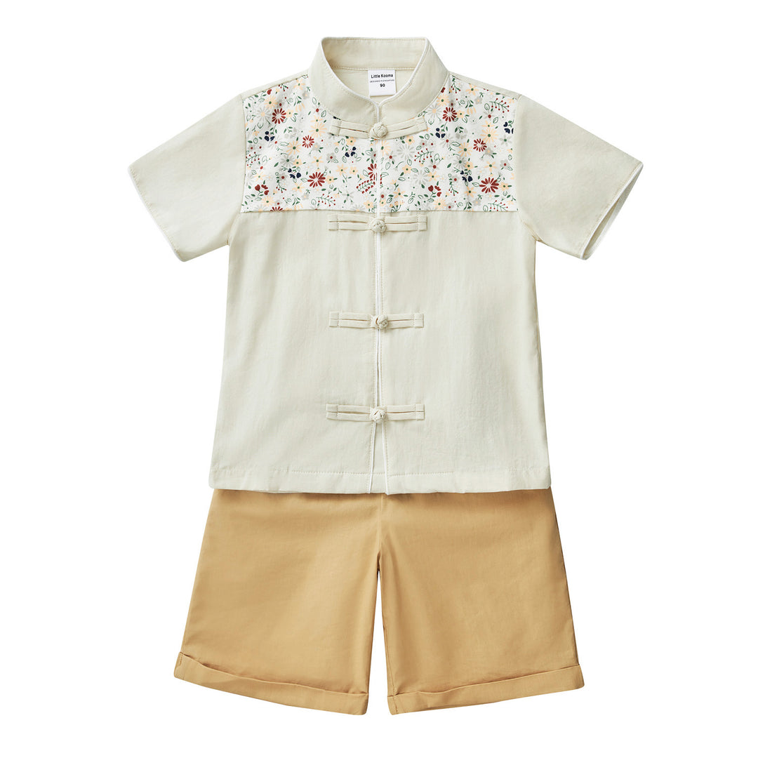 Blossom Harmony Collection Baby Kids Boys Beige Cheongsam Set Little Flower Prints Top n Shorts CNY Chinese New Year Outfit 0819 - quixoticmuses