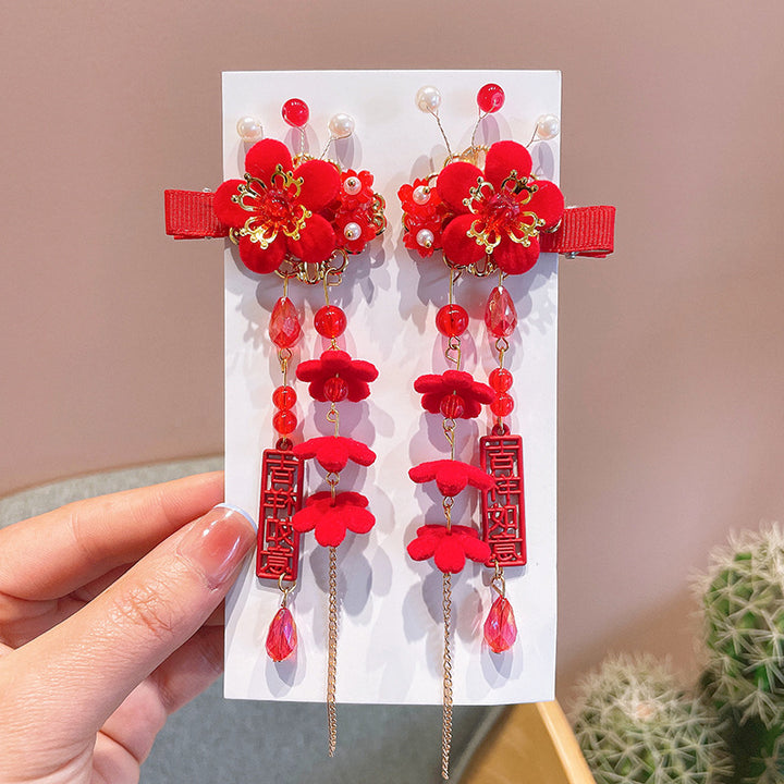 Chinese New Year CNY Red Baby kids Girl's Crystal Beads Head Clips Hair Accessories - quixoticmuses