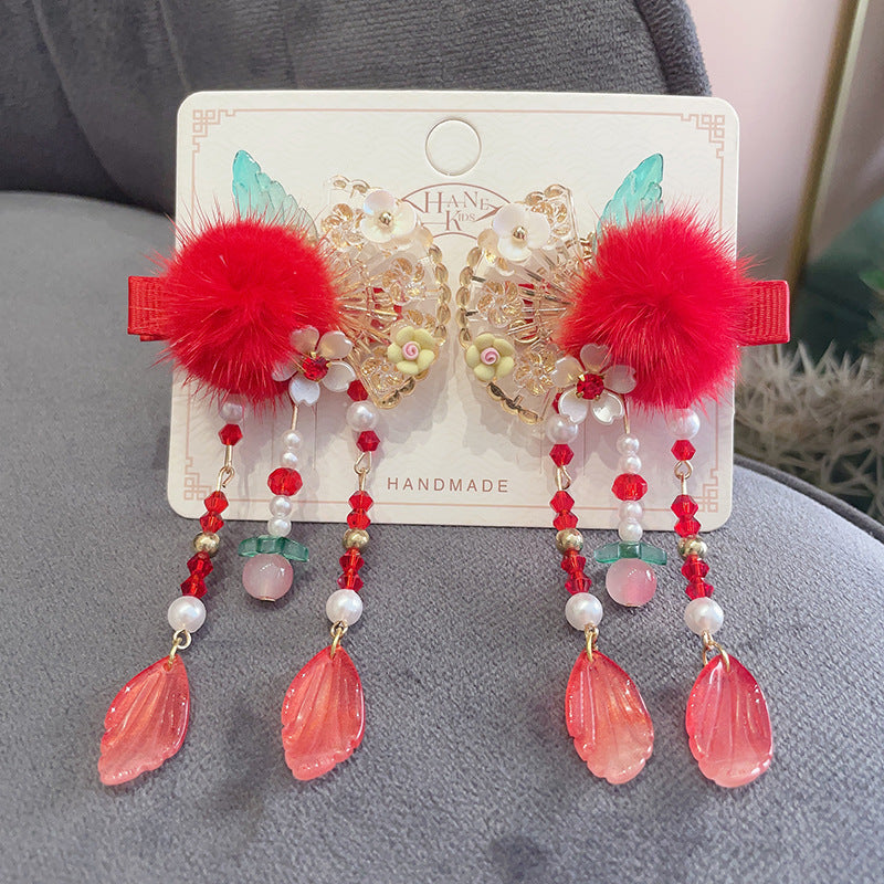 Chinese New Year CNY Red Baby kids Girl's Crystal Beads Head Clips Hair Accessories - quixoticmuses